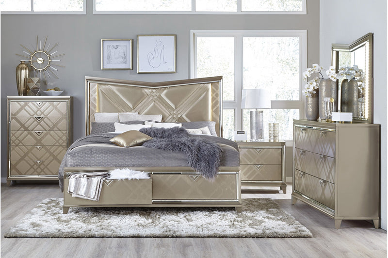 Bijou champagne metallic bedroom set with LED headboard and vanity