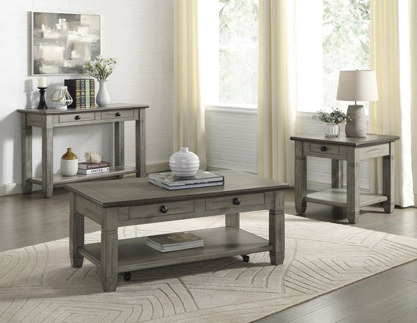 Granby white and antique gray coffee table, end table and sofa table