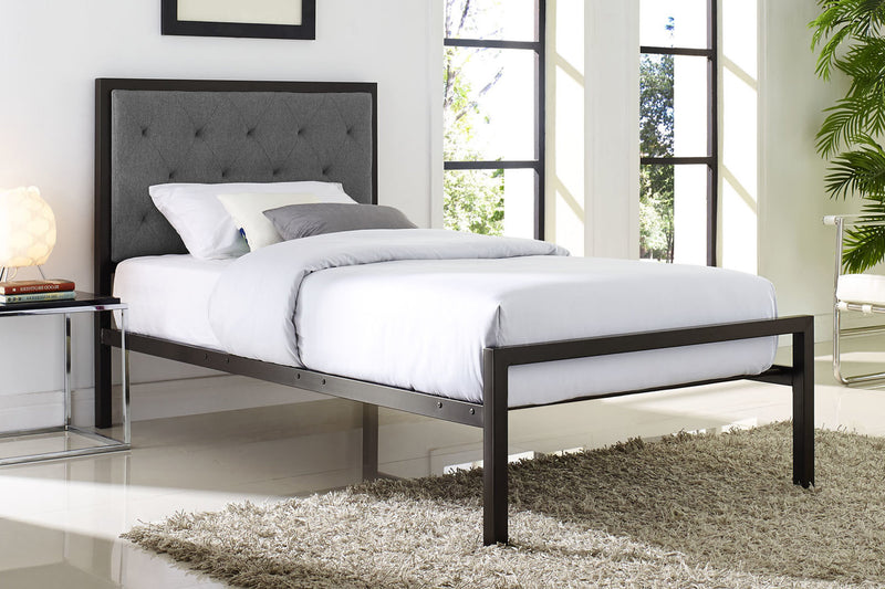 QFIF-5700 | Black Metal Bed w/ Padded Grey Fabric Headboard Bed
