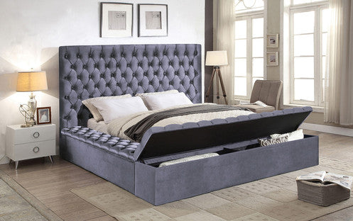 QFIF-5790 | Grey Velvet Fabric Bed with 3 Storage Benches Bed