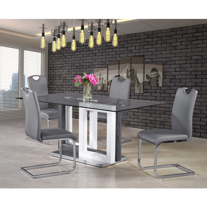 Yves 5 pieces and 7 pieces gray leather glass top dining set