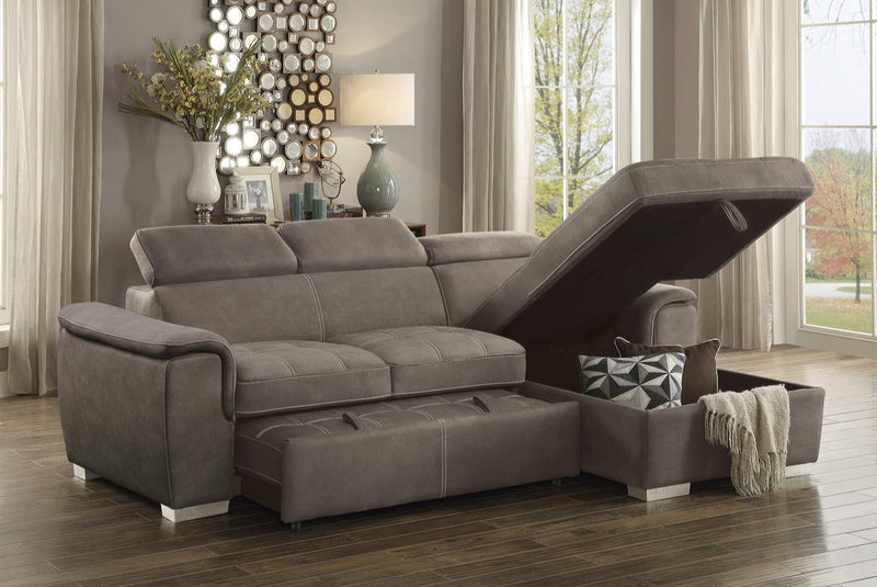 QFMZ-8228TP | Ferriday Taupe Sectional Sofa with Pull-out Bed and Hidden Storage