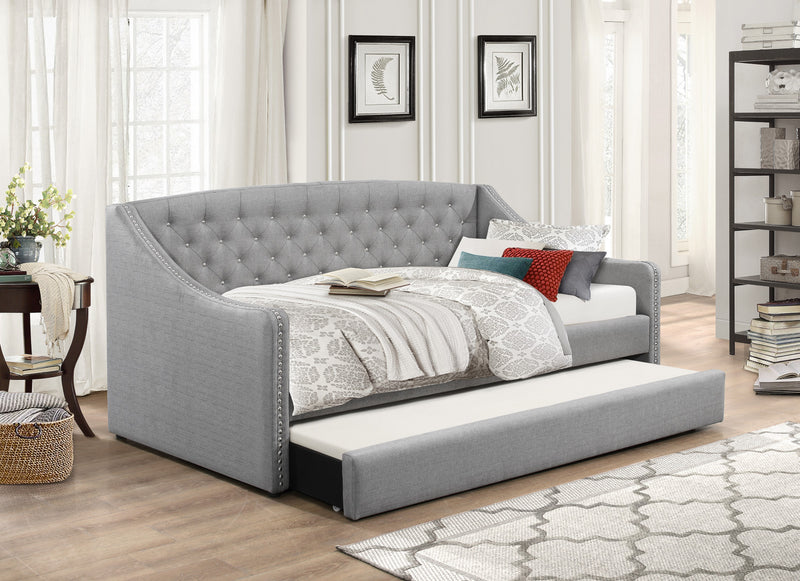 QFIF-308 | Grey Fabric Day Bed with Nailhead Trundle Bed