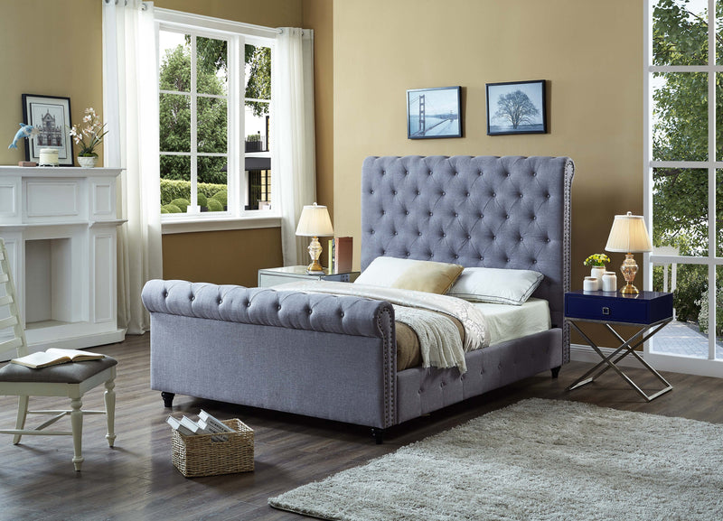 QFIF-5755 | Grey Fabric Sleigh Bed With Nailhead Details