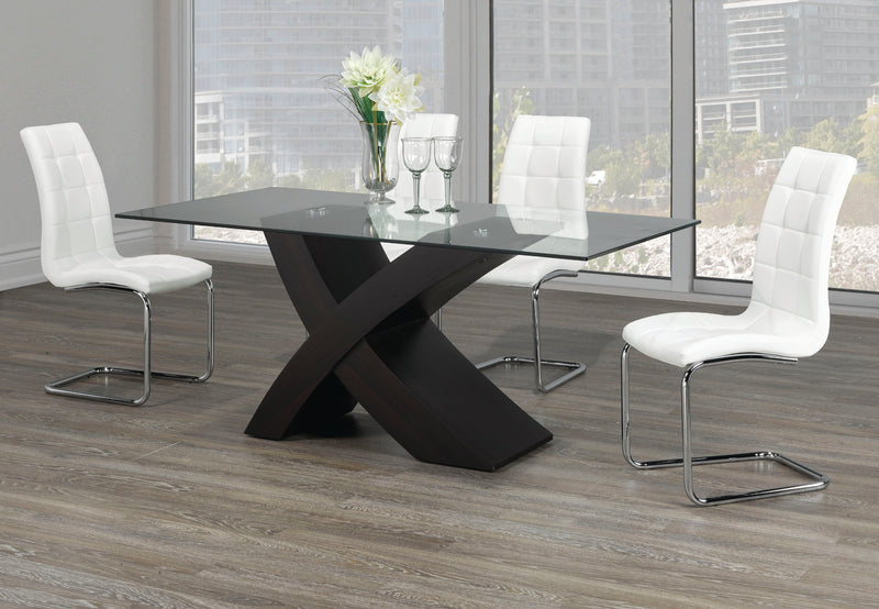 TST-1092 TSC-1751 | Tempered Glass Table With an ‘X’ Shape & Espresso Base Dining Set