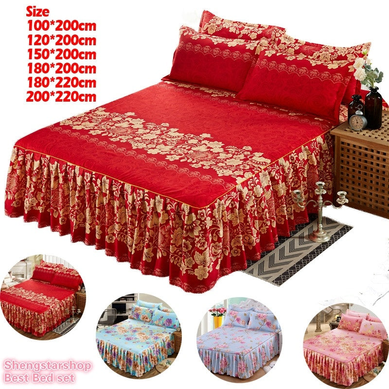 Flower Style Warm Sanding Thickened Pillow Case Bed Skirt  Bed Cover Fitted Sheet Single/Twin/full Queen/King Bed Skirt Dust Ruf