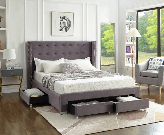 QFIF-5320 | Grey Velvet Fabric Wing Bed