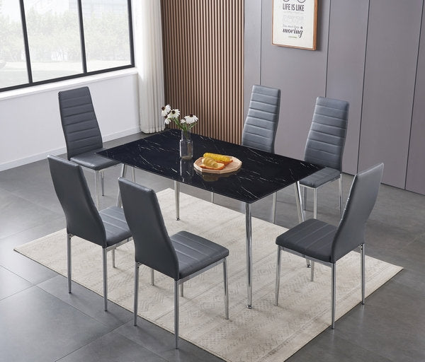QFIF-T-5090/ C-5093 | Black Marble Glass Dining Set