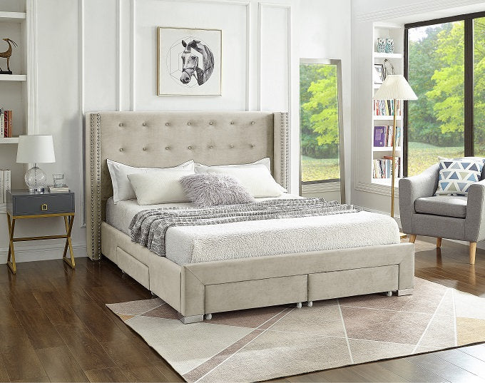 QFIF-5322 | Creme Velvet Fabric Wing Bed