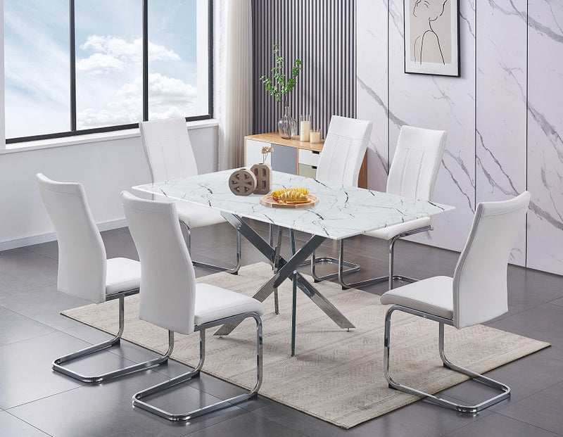 QFIF-T-1442/C-1878 | Tempered White Marble Glass Dining Set