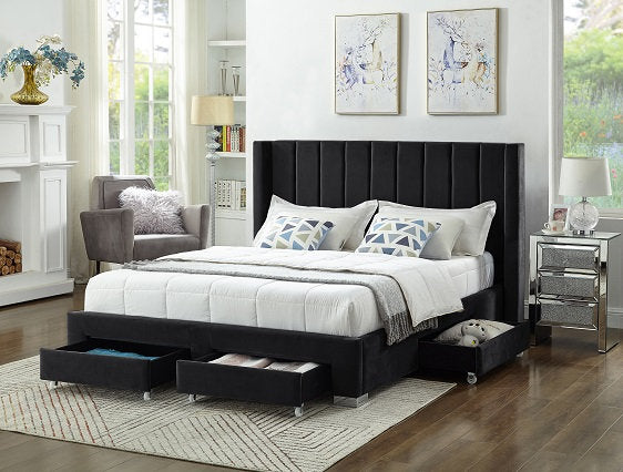 QFIF-5313 | Black Velvet Fabric Wing Bed