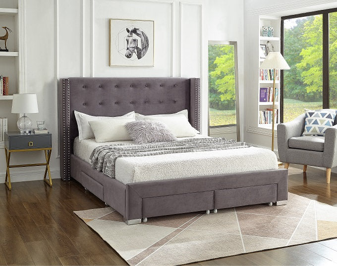 QFIF-5320 | Grey Velvet Fabric Wing Bed